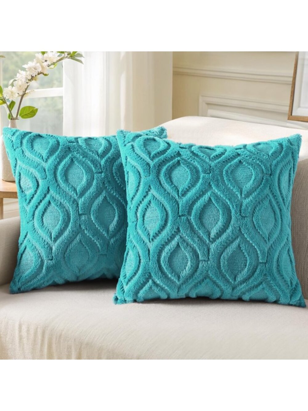 Soft Turquoise Faux Fur Throw Pillow Covers 24x24 - Set of 2, Cozy Home Decor